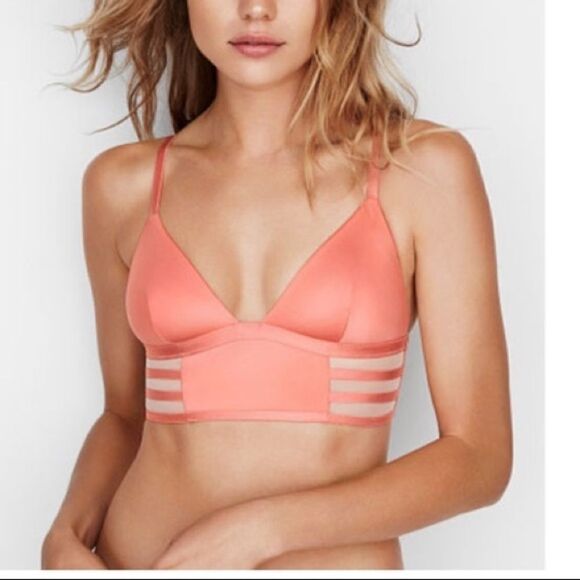 Victoria’s Secret padded Strappy long bralette Satiny & Mesh Strappy bra Coral - Picture 3 of 8